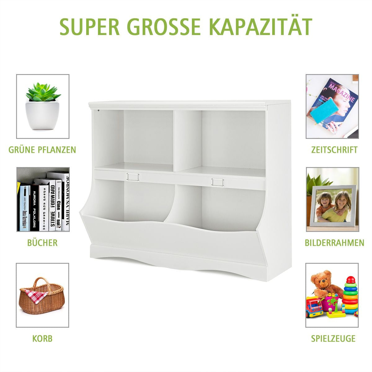 Storage Shelf with Bins – Toy Organizer for Kids, 105.5 x 39.5 x 84 cm, White