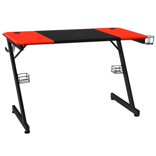 Z-Shaped Gaming Desk Computer Table PC Desk with Cup Holder, Headphone Hook & Speaker Stand – Black/Red