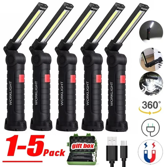 Portable COB LED Flashlight Rechargeable Work Light with Built-In Battery Magnetic Camping Torch Hanging Lamp for Outdoor Use