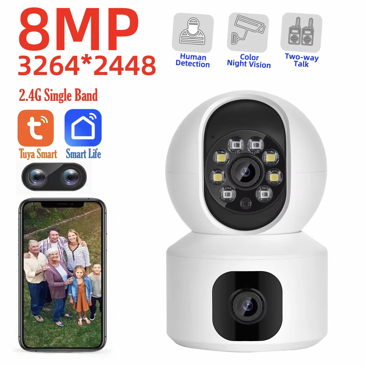 Tuya 8MP Wifi IP Camera Dual Lens Baby Monitor Color Night Vision Human Automatic Tracking Video Smart Home Surveillance Camera