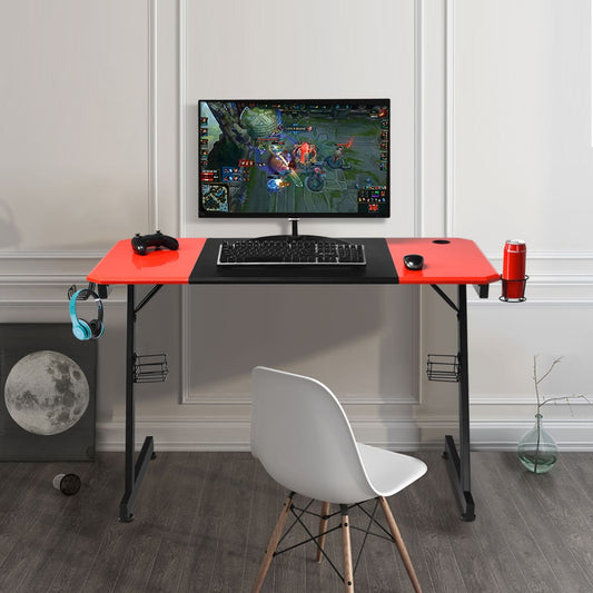 Z-Shaped Gaming Desk Computer Table PC Desk with Cup Holder, Headphone Hook & Speaker Stand – Black/Red
